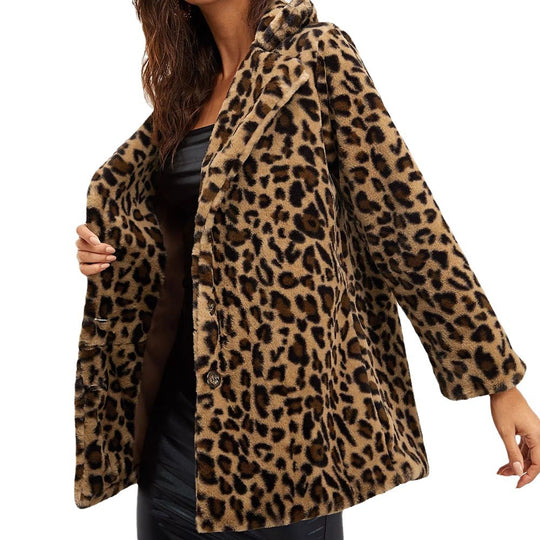 Damen Modischer Teddy-Mantel mit Leoprint und elegantem Schnitt Heidi-Mode