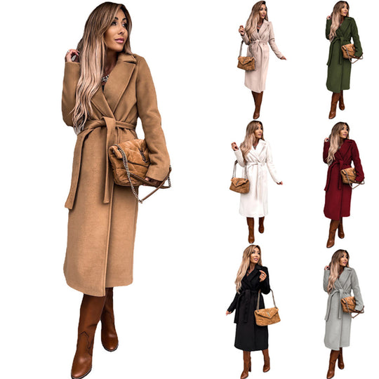 Damen eleganter langes Wollmantel mit Bindegürtel und klassischem Revers Heidi-Mode