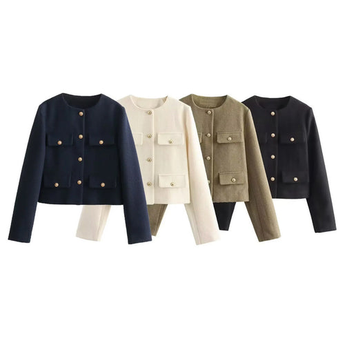 Damen Modische Kurzjacke mit dekorativen Knöpfen und praktischen Taschen Heidi-Mode