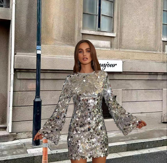 Damen Funkelndes Pailletten Cocktailkleid mit ausgestellten Ärmeln Heidi-Mode