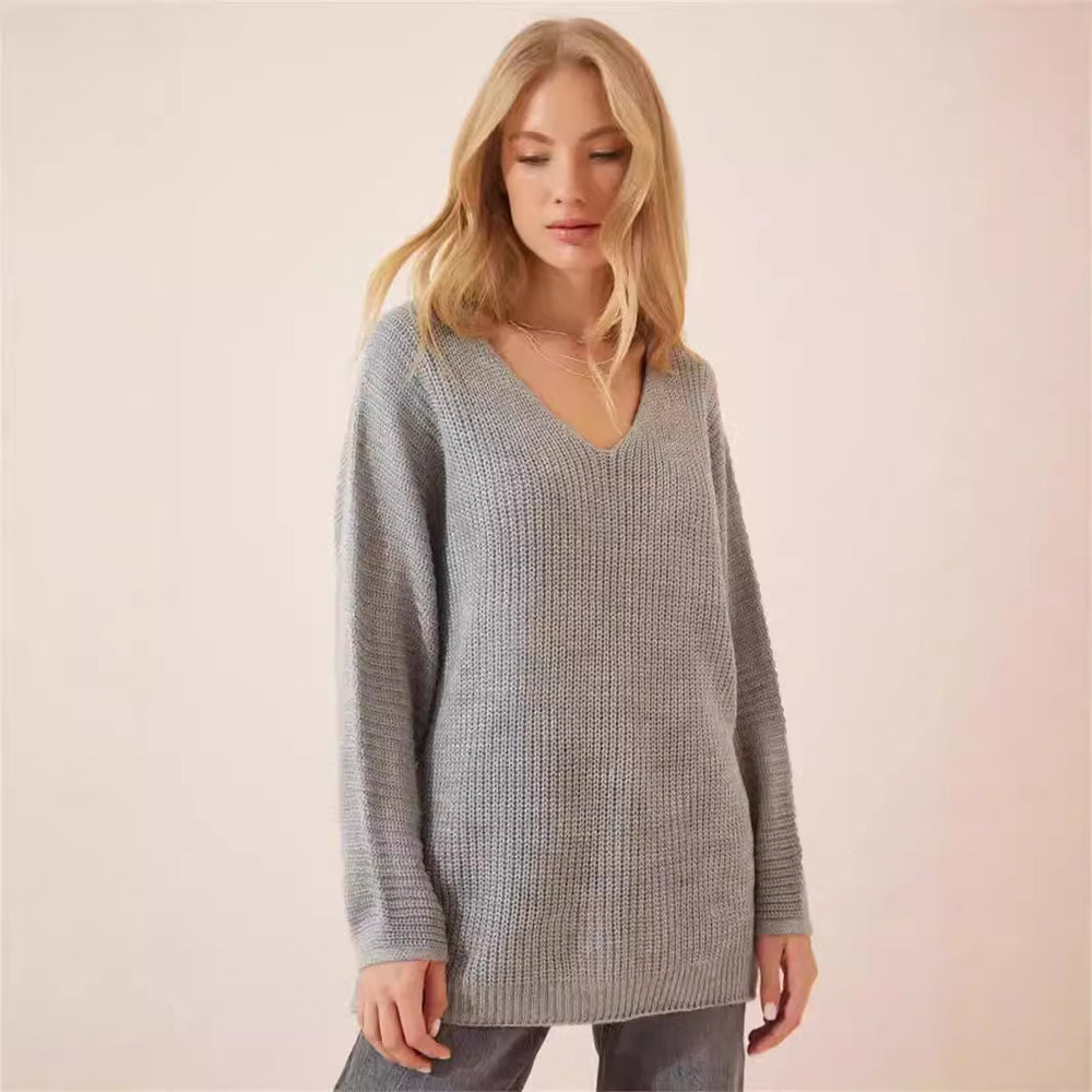 Damen lässiger V-Ausschnitt Pullover mit strukturiertem Strickmuster Heidi-Mode