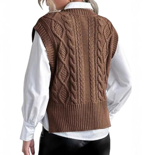 Damen Strickweste mit V-Ausschnitt und Zopfmuster Heidi-Mode