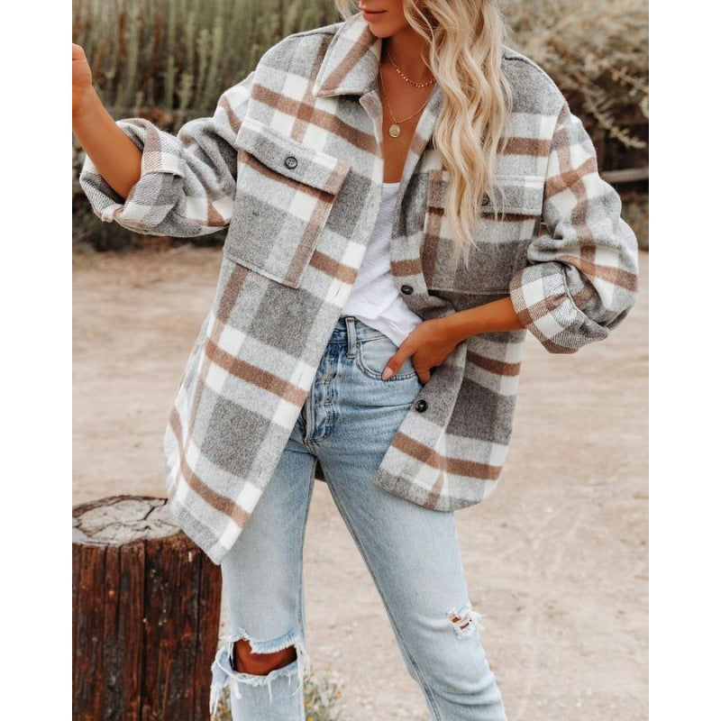 Damen Karobluse mit oversized Schnitt und Taschen Heidi-Mode