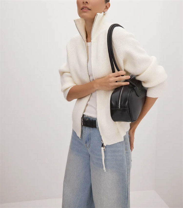 Damen Strickjacke mit hohem Kragen und Reißverschluss Heidi-Mode