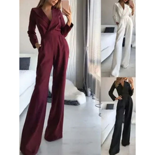 Damen eleganter Jumpsuit mit langem Bein und klassischem Schauspielkragen Heidi-Mode