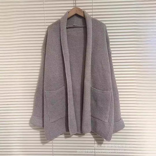 Damen Grobstrick Cardigan mit eleganten Revers und Taillengürtel Heidi-Mode