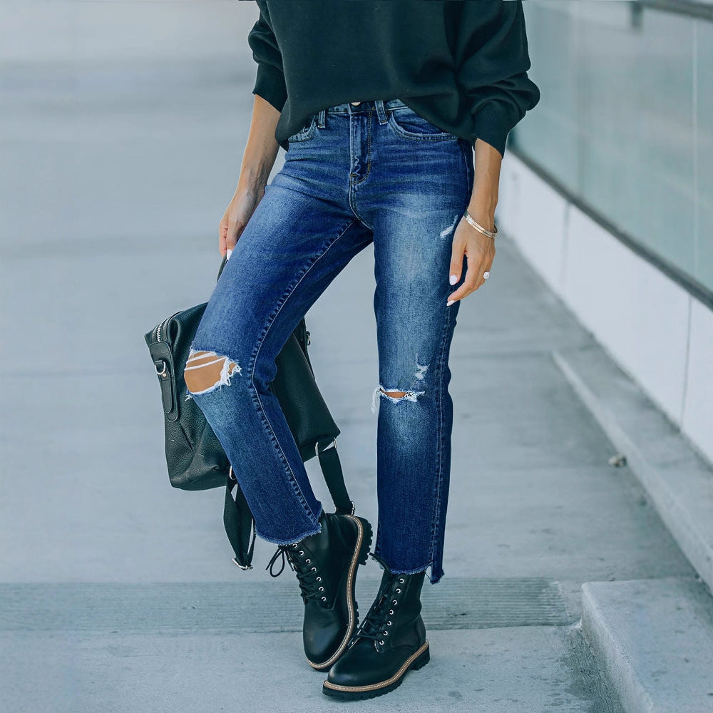 Damen Mom-Jeans im lässigen Used-Look mit modischen Rissen Heidi-Mode