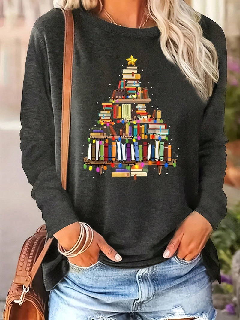 Damen lässiger Langarm-Pullover mit festlichem Bücher-Motiv Heidi-Mode