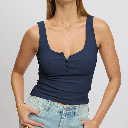 Damen körperbetontes Ripp-Top mit Knopfleiste und weitem Ausschnitt Heidi-Mode