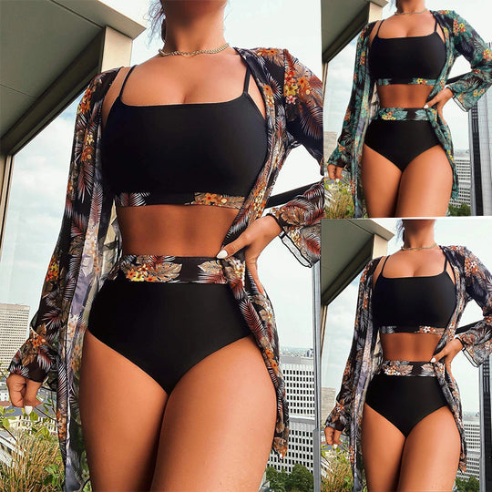 Damen Strandbekleidungs-Set mit floralem Kimono, Bikini und hoch geschnittenem Slip Heidi-Mode