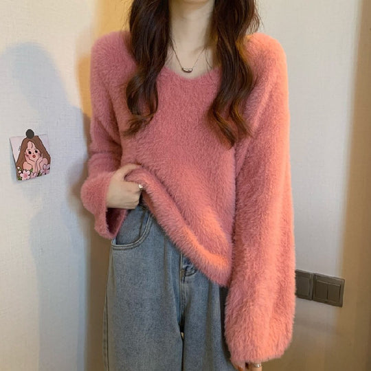Damen Flauschiger Pullover mit weitem Schnitt Heidi-Mode