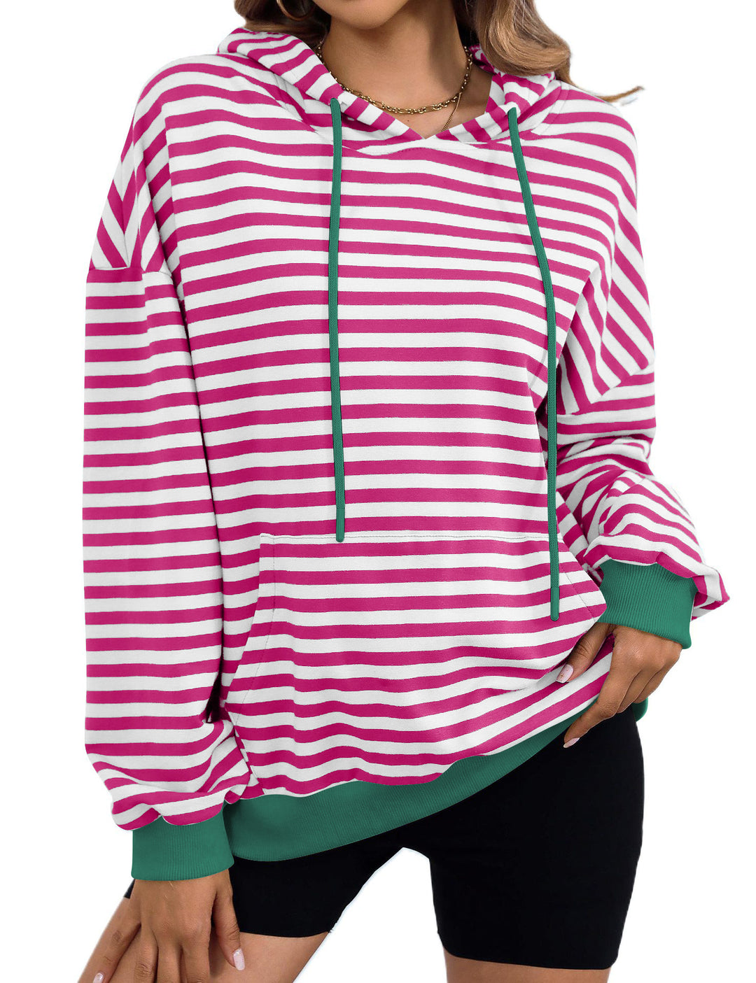 Damen gestreifter Kapuzenpullover mit stylischer Kängurutasche Heidi-Mode