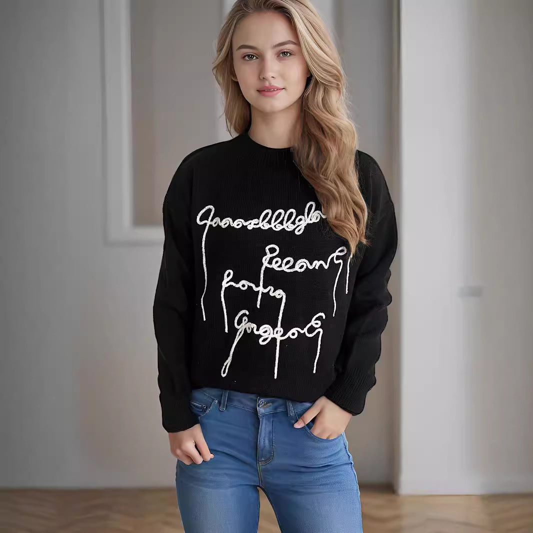 Damen lässiger Pullover mit kreativem Schriftzug Heidi-Mode