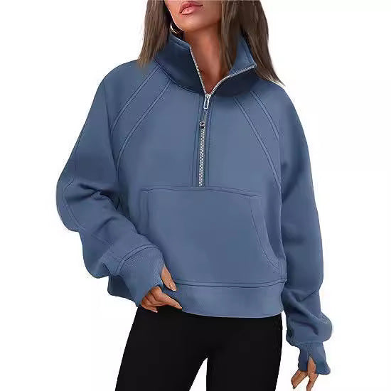 Damen kuscheliger Half-Zip Pullover mit Kapuze und Kängurutasche Heidi-Mode