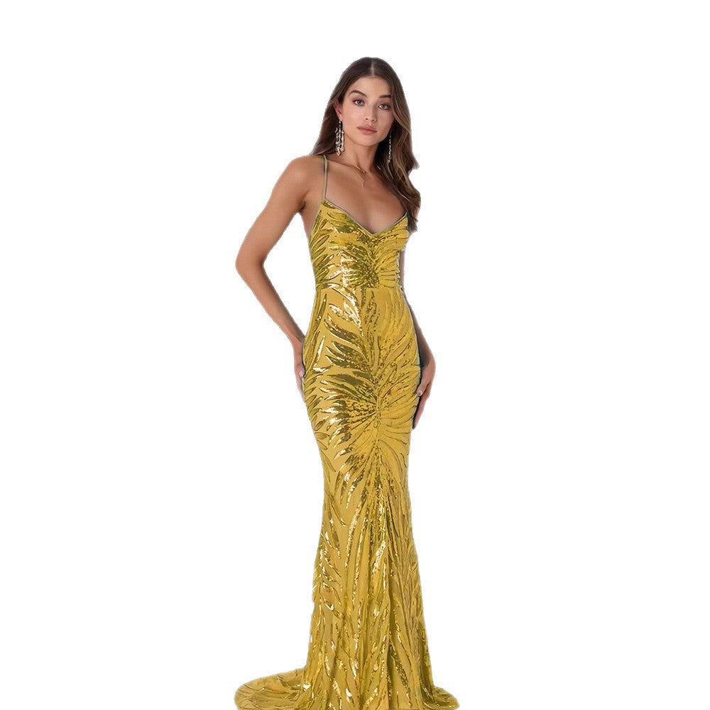 Damen Glamouröses Abendkleid mit funkelndem Paillettenmuster und V-Ausschnitt Heidi-Mode
