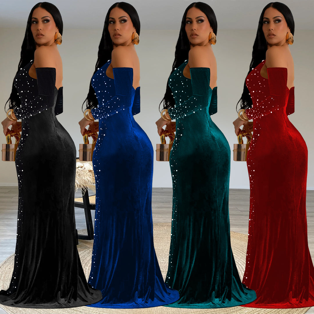 Damen Elegantes schulterfreies Abendkleid mit glitzernden Strassverzierungen und hohem Schlitz Heidi-Mode