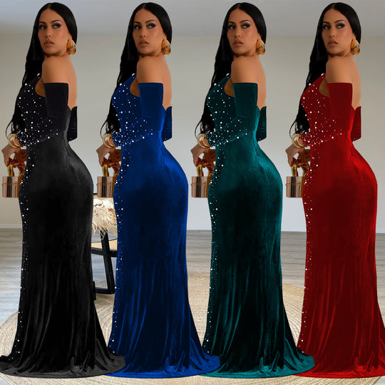 Damen Elegantes schulterfreies Abendkleid mit glitzernden Strassverzierungen und hohem Schlitz Heidi-Mode