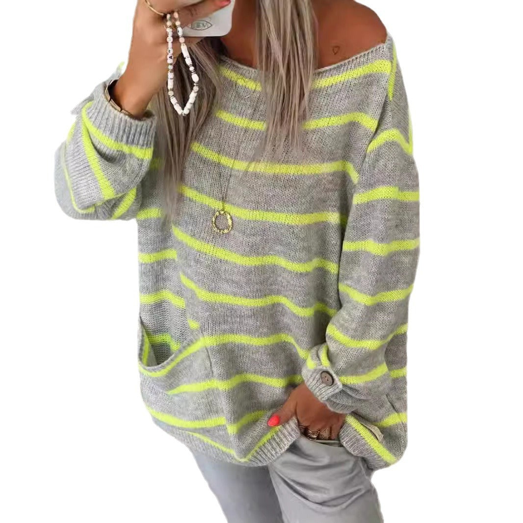 Damen lässiger Strickpullover mit elegantem Streifenmuster und praktischer Brusttasche Heidi-Mode