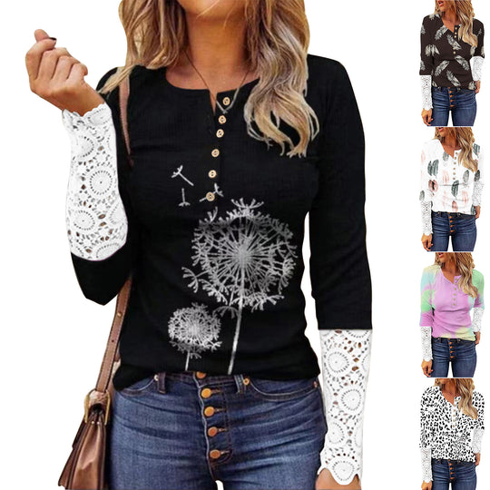 Damen langärmliges T-Shirt mit Spitze und modernem Leo-Muster Heidi-Mode