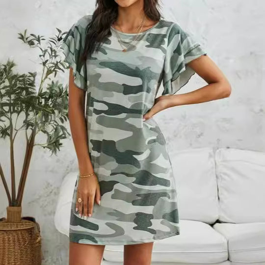Damen Freizeitkleid mit Rüschendetails und Camouflage-Design Heidi-Mode