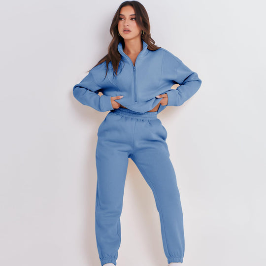 Damen Sportlicher Fleece-Jogginganzug mit halbem Reißverschluss Heidi-Mode