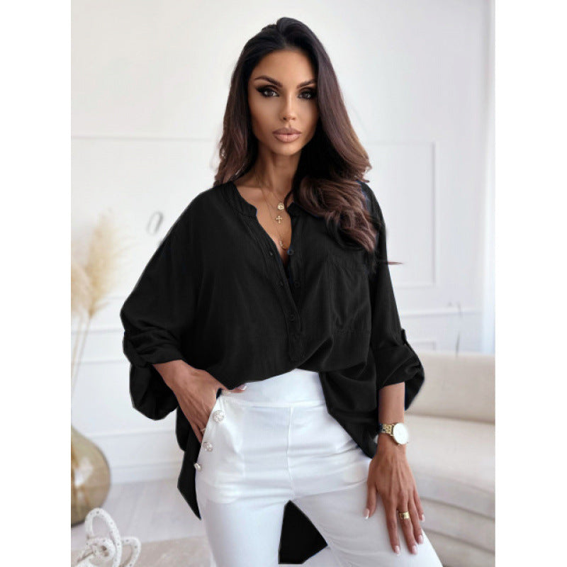 Femme Leichte Button-Up Bluse mit hochkrempelbaren Ärmeln Heidi-Mode