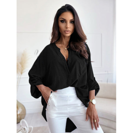 Femme Leichte Button-Up Bluse mit hochkrempelbaren Ärmeln Heidi-Mode