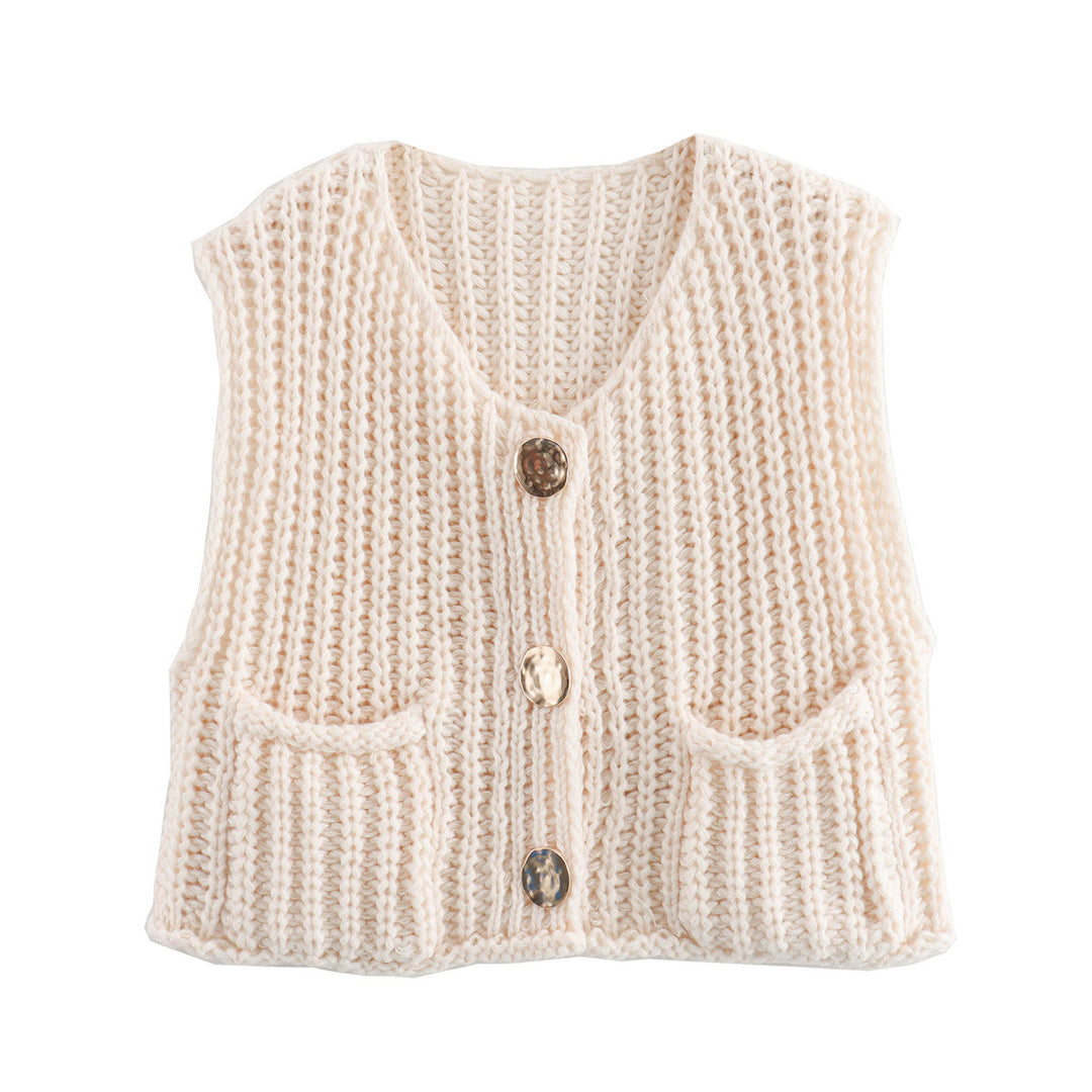 Damen Strickweste mit knopfverzierter Front und Taschen Heidi-Mode