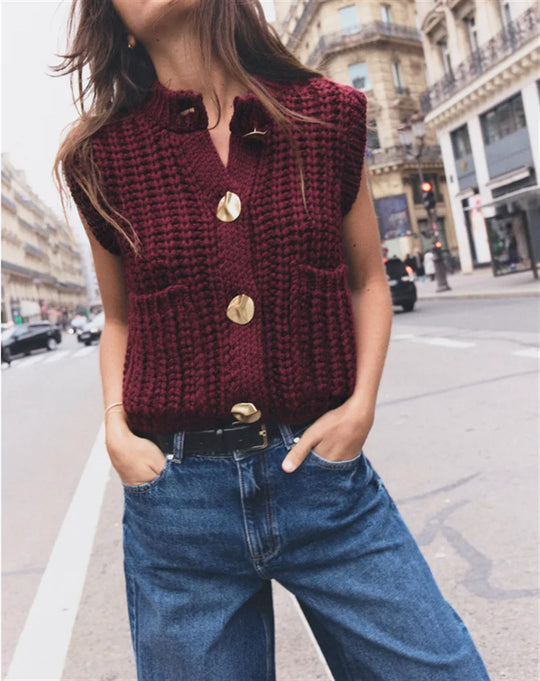 Damen Strickweste mit eleganten Knöpfen und praktischen Taschen Heidi-Mode