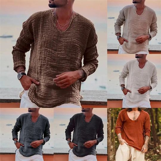 Herren lässiges V-Neck Leinenhemd Heidi-Mode
