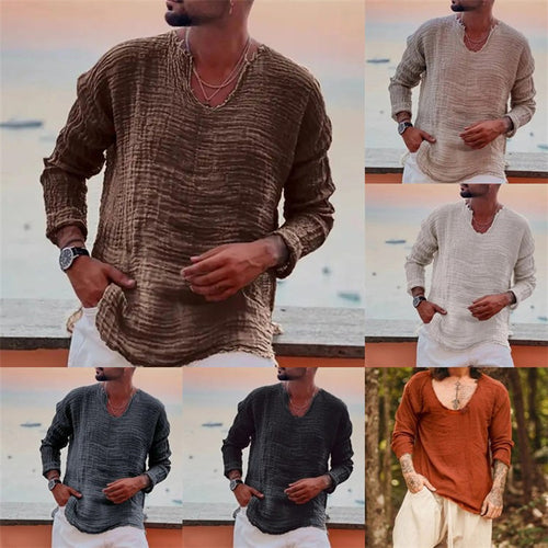 Herren lässiges V-Neck Leinenhemd Heidi-Mode