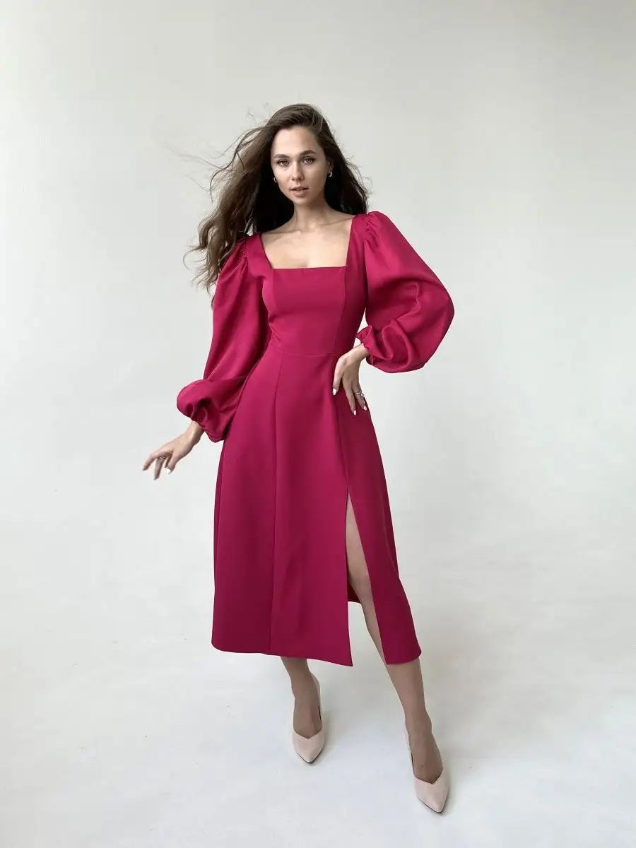 Damen Midikleid mit voluminösen Ärmeln und elegantem V-Ausschnitt Heidi-Mode