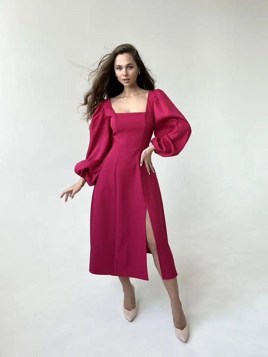 Damen Midikleid mit voluminösen Ärmeln und elegantem V-Ausschnitt Heidi-Mode