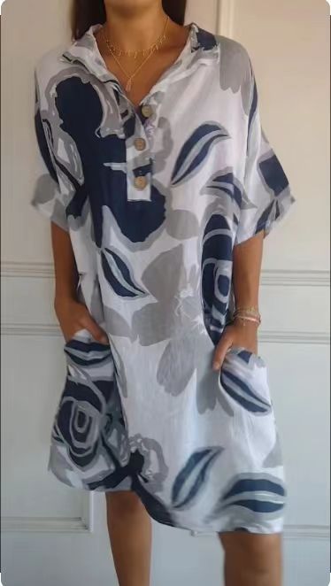 Damen luftiges Strandkleid mit modischem Muster und seitlichen Taschen Heidi-Mode