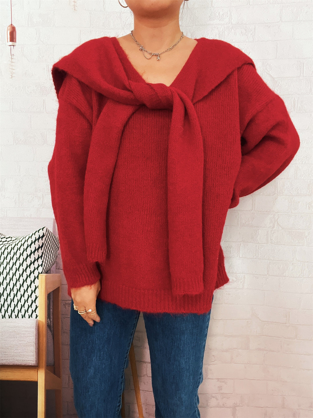 Damen lässiger Strickpullover mit abnehmbarer Kapuze und Knopfdetails Heidi-Mode