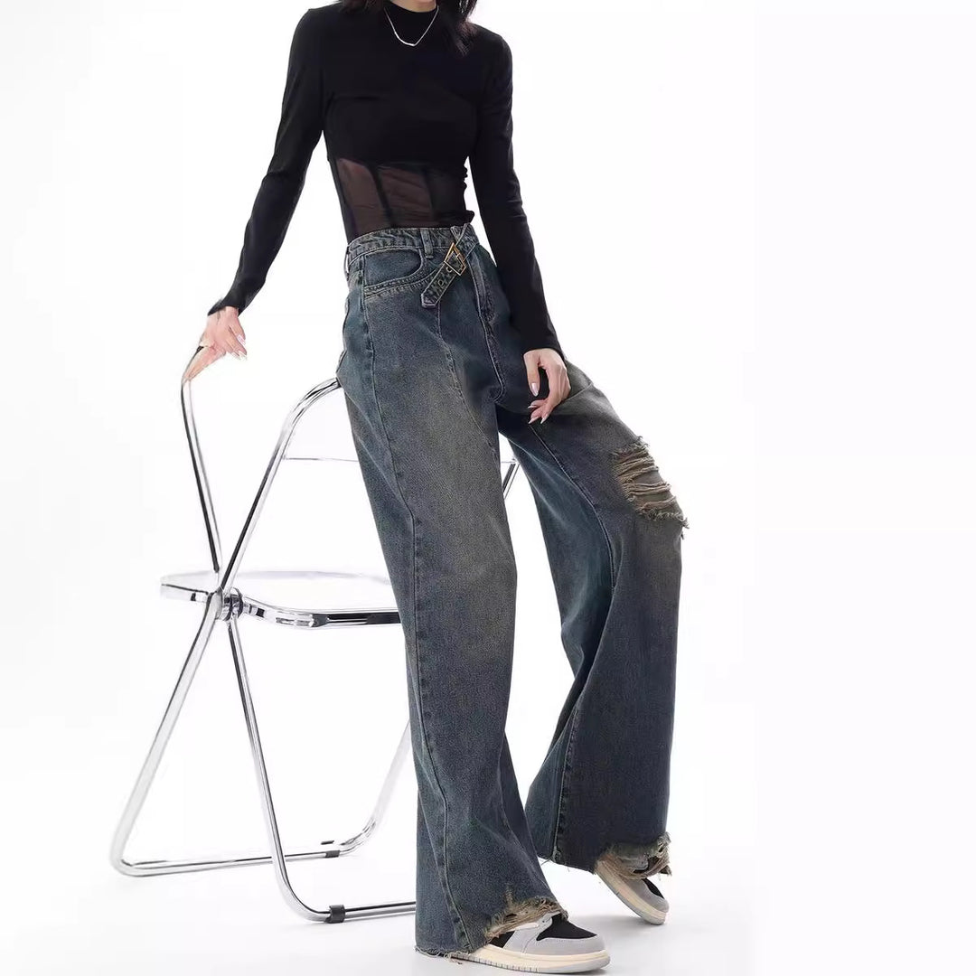 Damen Weite High-Waist Jeans im lässigen Used-Look mit modischen Rissen Heidi-Mode
