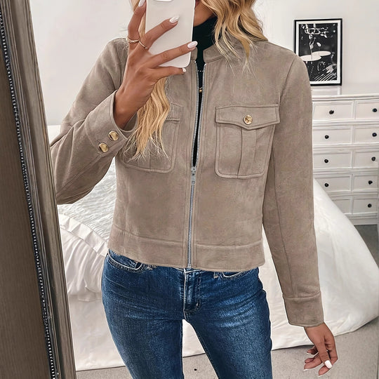 Damen modische Kurzjacke aus hochwertigem Kunstleder mit praktischen Taschen Heidi-Mode