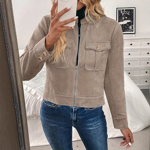 Damen modische Kurzjacke aus hochwertigem Kunstleder mit praktischen Taschen Heidi-Mode