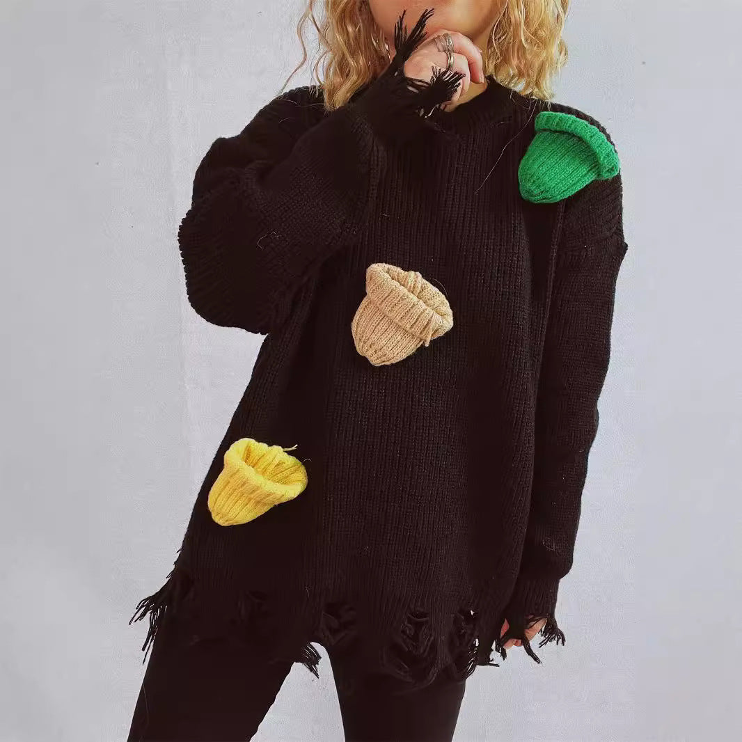 Damen lässiger Oversize-Pullover mit fransigen Details und bunten Applikationen Heidi-Mode