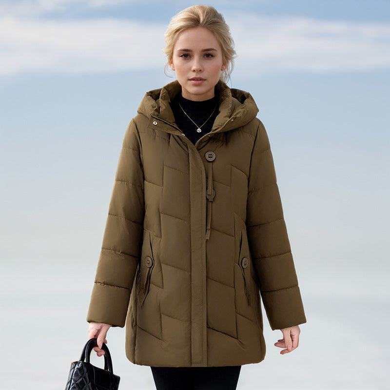Damen modische gesteppte Winterjacke mit Kapuze und großen Taschen Heidi-Mode
