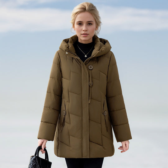 Damen modische gesteppte Winterjacke mit Kapuze und großen Taschen Heidi-Mode