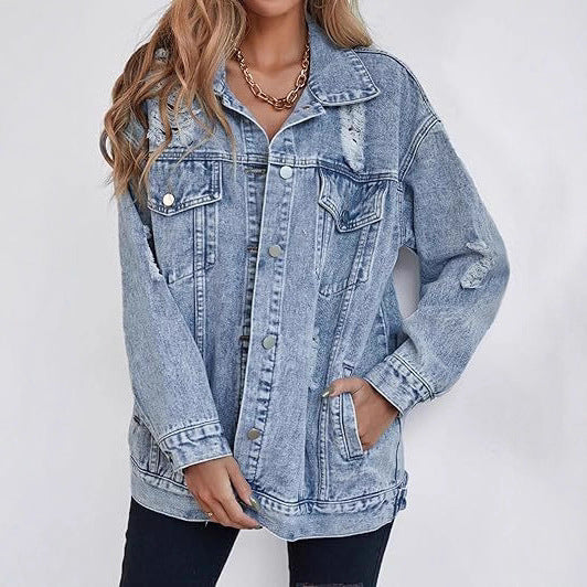 Damen lässige Oversized Jeansjacke mit distressed Details und hochwertigen Metallknöpfen Heidi-Mode