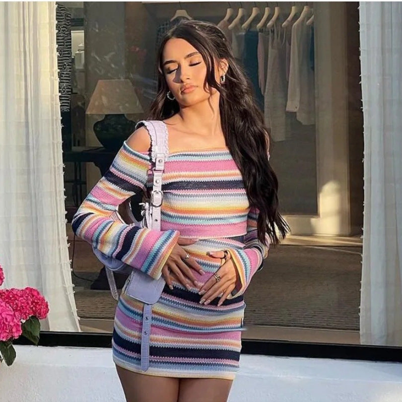 Damen Figurbetontes Off-Shoulder Kleid mit langen Ärmeln Heidi-Mode