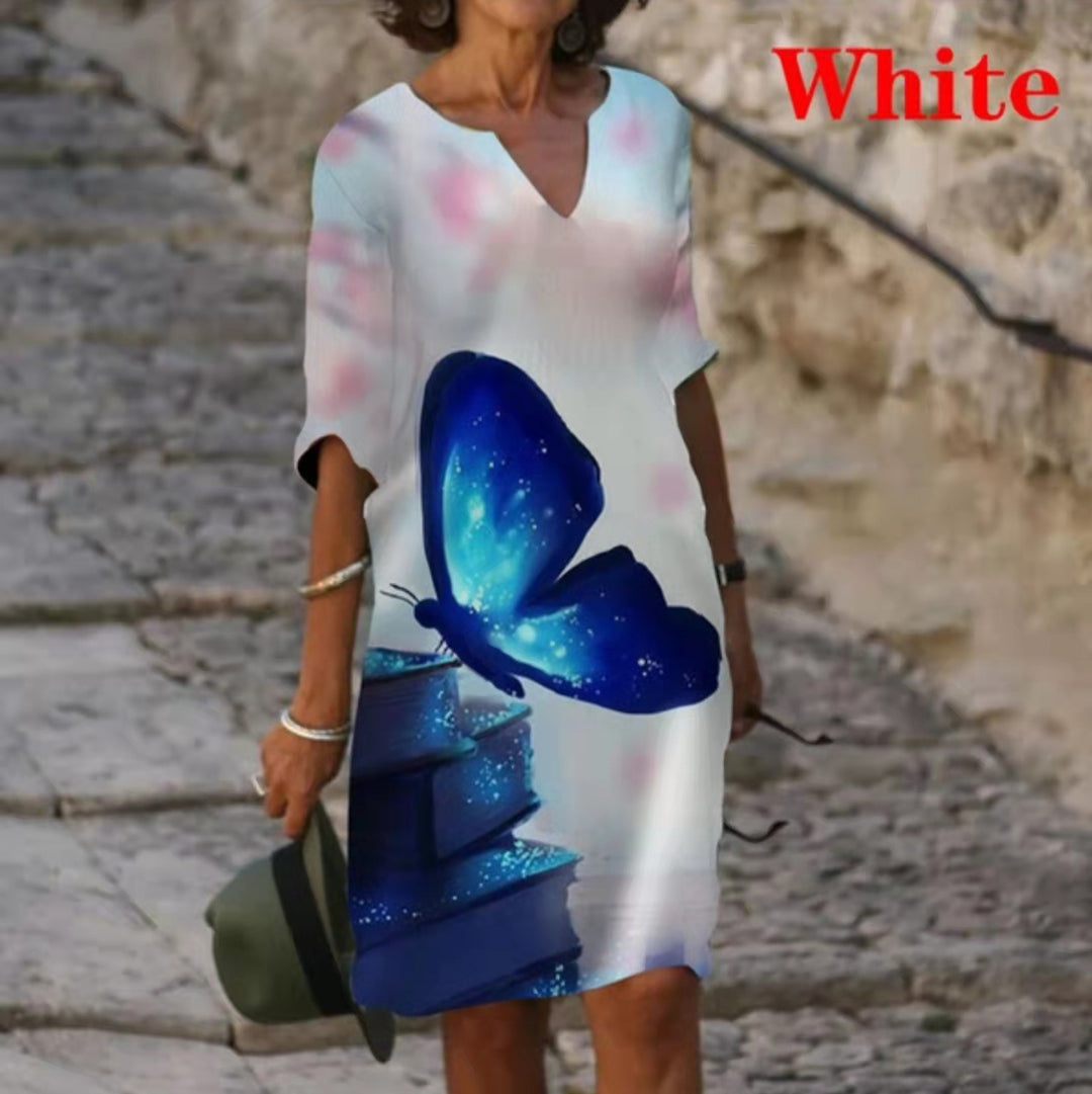 Damen Floral Druck Midi Kleid mit V-Ausschnitt und kurzen Ärmeln Heidi-Mode