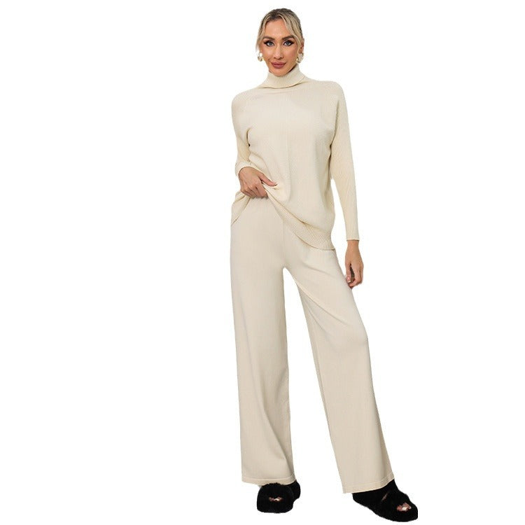 Damen elegantes Strick-Loungewear-Set mit hohem Kragen und weitem Schnitt Heidi-Mode