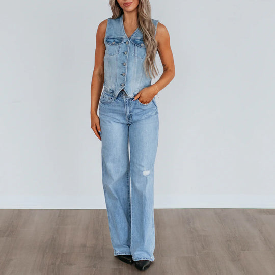 Damen Denim Weste mit Knopfleiste und modernen Schnittrahmen Heidi-Mode