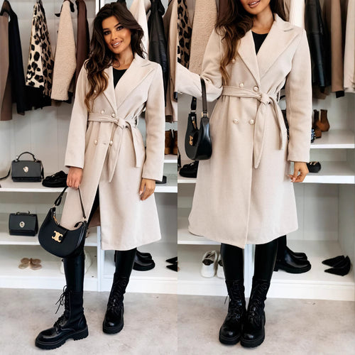 Damen eleganter Mantel mit Taillengürtel und doppelter Knopfblende Heidi-Mode