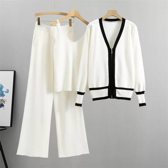 Damen lässiges Strick-Loungewear-Set mit hochwertigem Zip-Cardigan und Weitbein-Hosen Heidi-Mode