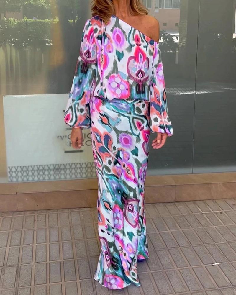 Damen Elegantes Maxikleid im grafischen Batikdesign mit Off-Shoulder-Ausschnitt und voluminösen Ärmeln Heidi-Mode