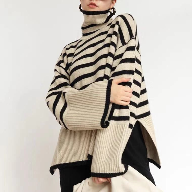 Damen Lässiger Strickpullover mit Blockstreifen und hohem Kragen Heidi-Mode